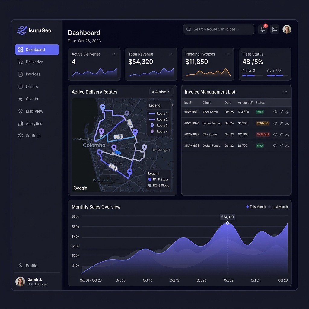 IsuruGeo Distribution Operations Platform Desktop Dashboard Interface Mockup